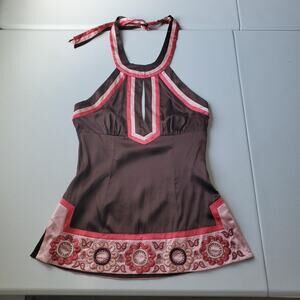Y2K Bebe Halter Tank Top Womens XS Brown Pink Silk Embroidered Floral Boho